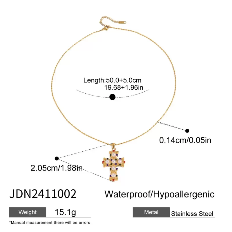 Youthway New Design Gold Plated Stainless Steel Imitation Pearl Colorful Zircon Cross Pendant Necklace Waterproof Unisex Jewelry - Image 6