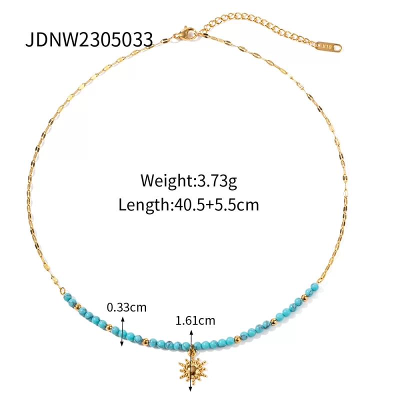 Ins Popular Bohemian 18K Gold Plated Turquoise Oval Chain Gemstone Beaded Sun Pendant Necklace for Girls - Image 5