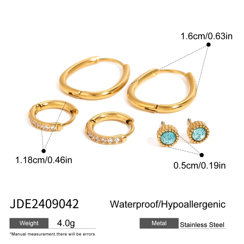 18k Gold Stainless Steel Jewelry Blue Zircon and White Water Drill Ear Clips Chic Jewelry Set of 3 Everyday Wear - Image 6