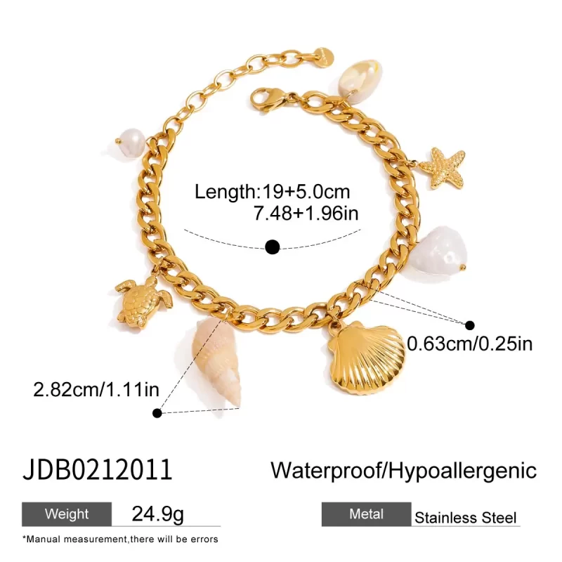 J&D Summer Beach Style 18K Gold Stainless Steel Ribbed Shell Conch Starfish Charms Bracelets - Image 6