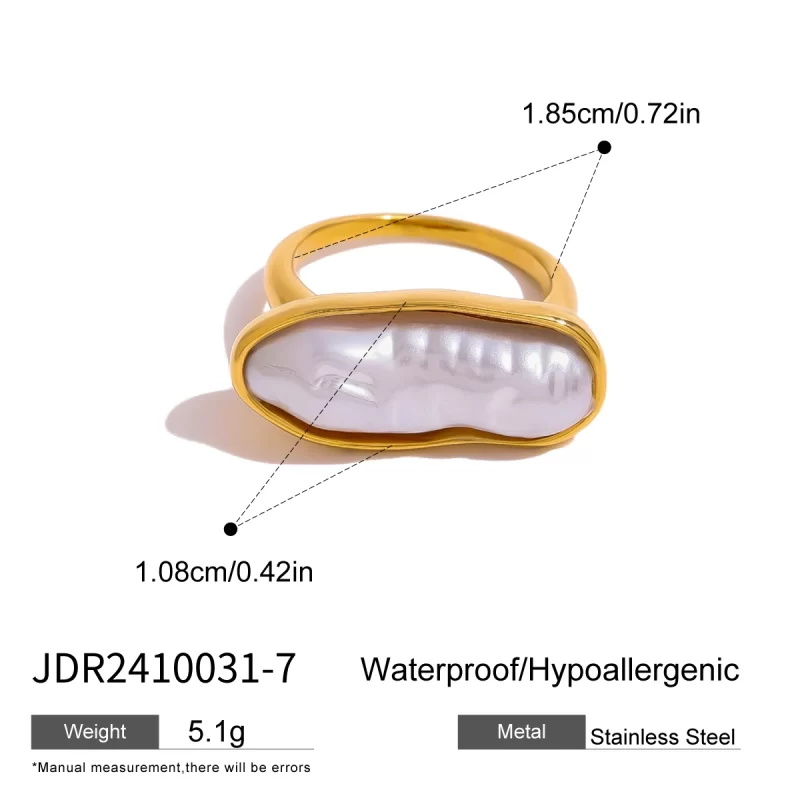 J&D 18k Gold Stainless Steel Irregular Baroque Resin Pearl Ring Elegant Vintage Style Size 7 - Image 6