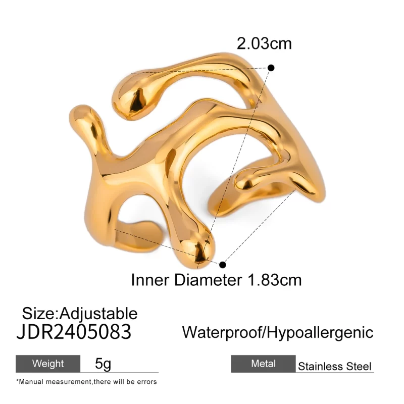 J&D 18K PVD Gold Plated Stainless Steel Liquid Drop OpenTarnish-Free Waterproof Ring Jewelry for Women - Image 2