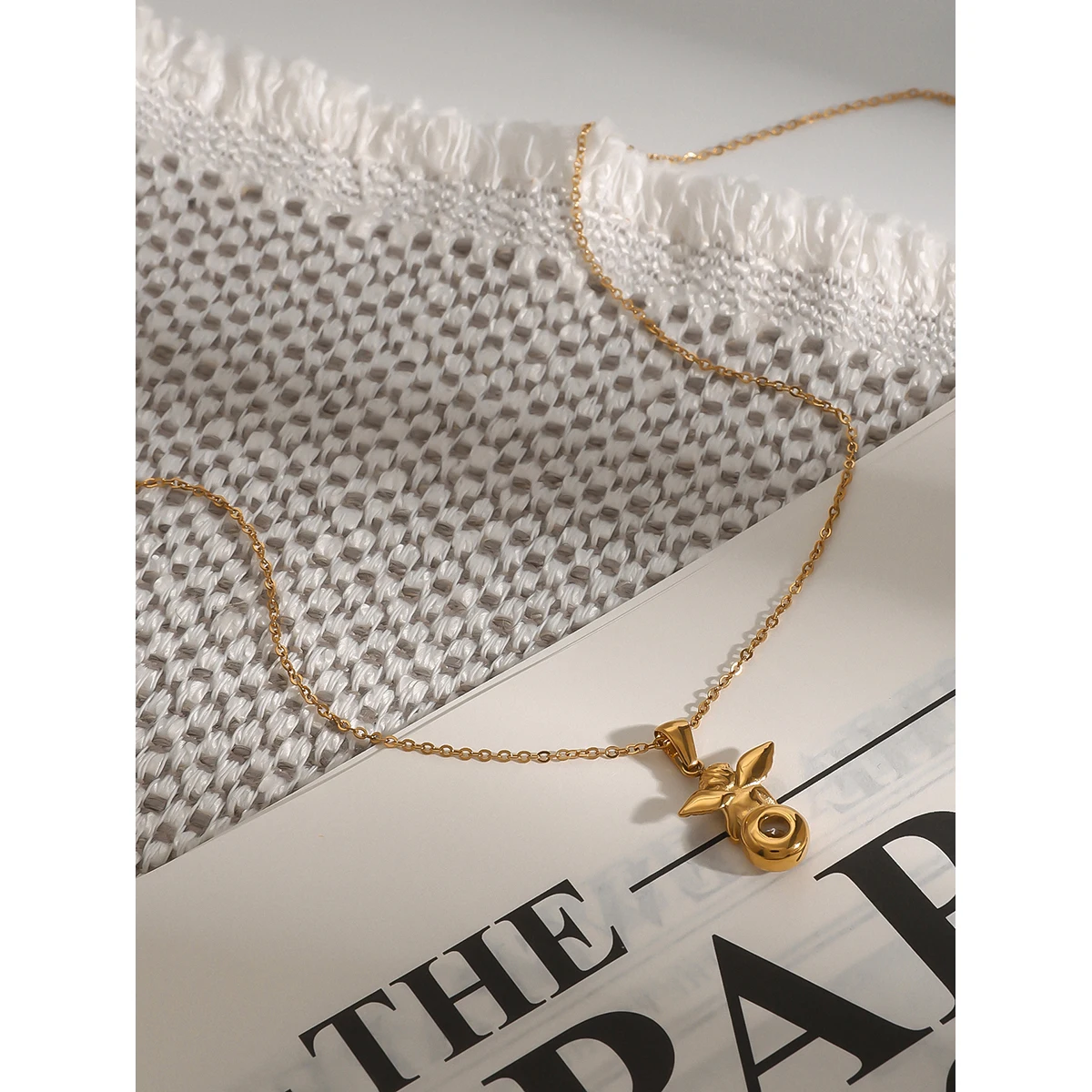 Youthway 18K Gold Plated Stainless Steel White Rhinestone Angel Pendant Necklace Waterproof Trendy Statement Jewelry New 2024