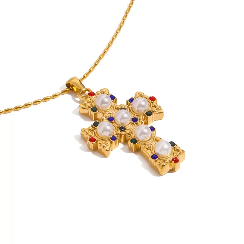 Youthway New Design Gold Plated Stainless Steel Imitation Pearl Colorful Zircon Cross Pendant Necklace Waterproof Unisex Jewelry - Image 5