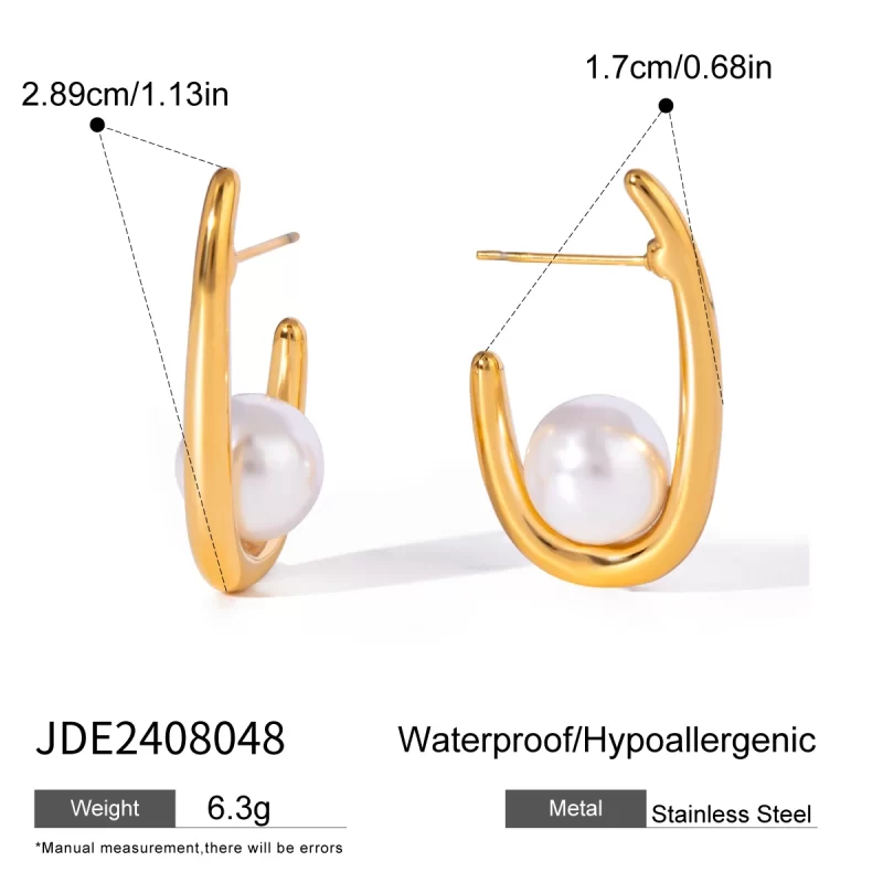 18k Gold Stainless Steel Jewelry Imitation Shell Pearl U-Shaped Earrings - Image 6