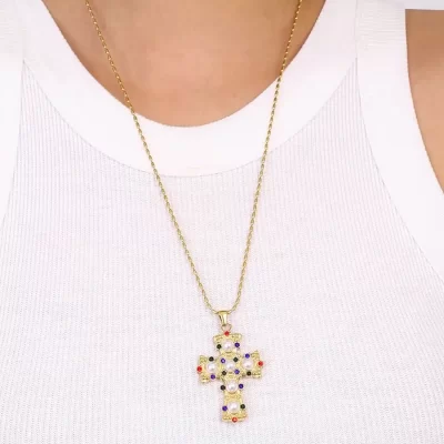 Youthway New Design Gold Plated Stainless Steel Imitation Pearl Colorful Zircon Cross Pendant Necklace Waterproof Unisex Jewelry