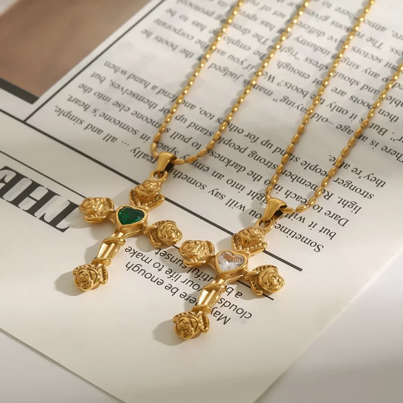 Youthway Unique Design Gold Plated Stainless Steel Rose Cross Heart-shape Rhinestone Pendant Necklace Anti Allergic Jewelry 2025 - Image 2