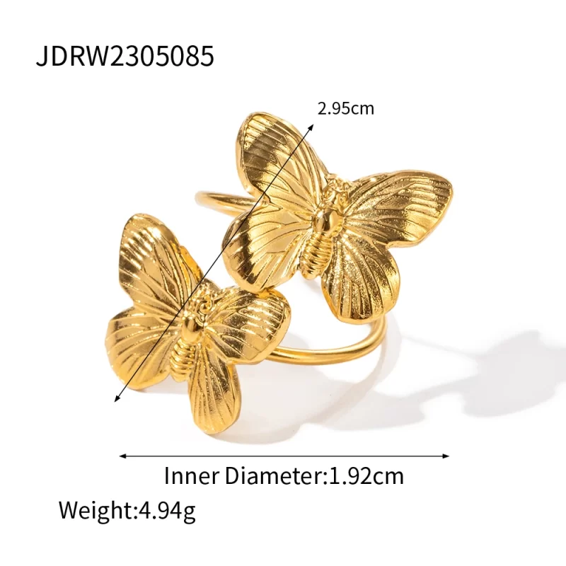 2023 New Trend 18K Gold Plated Double Butterfly Open Rings Stainless Steel Fashion Jewelry for Women - Image 5