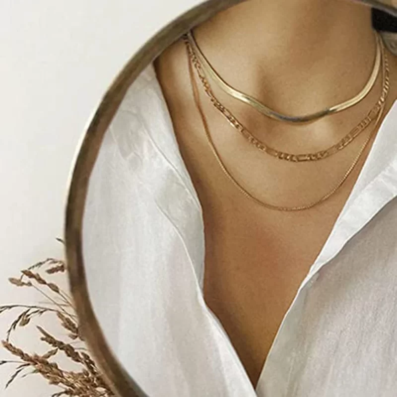 Youthway Stainless Steel three tier necklace Figaro Chain Gold Metal Texture 18 K PVD Plated for Women Summer Bijoux New Gift