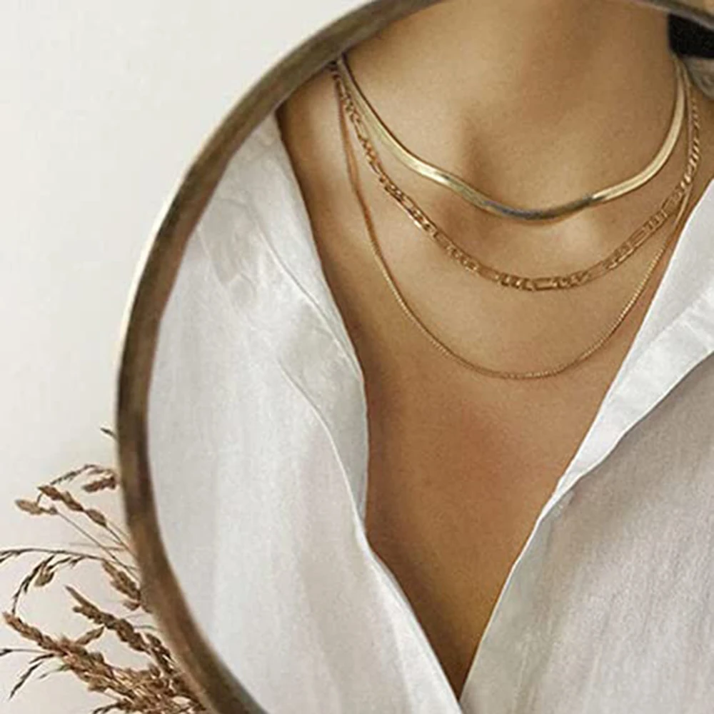 Youthway Stainless Steel three tier necklace Figaro Chain Gold Metal Texture 18 K PVD Plated for Women Summer Bijoux New Gift