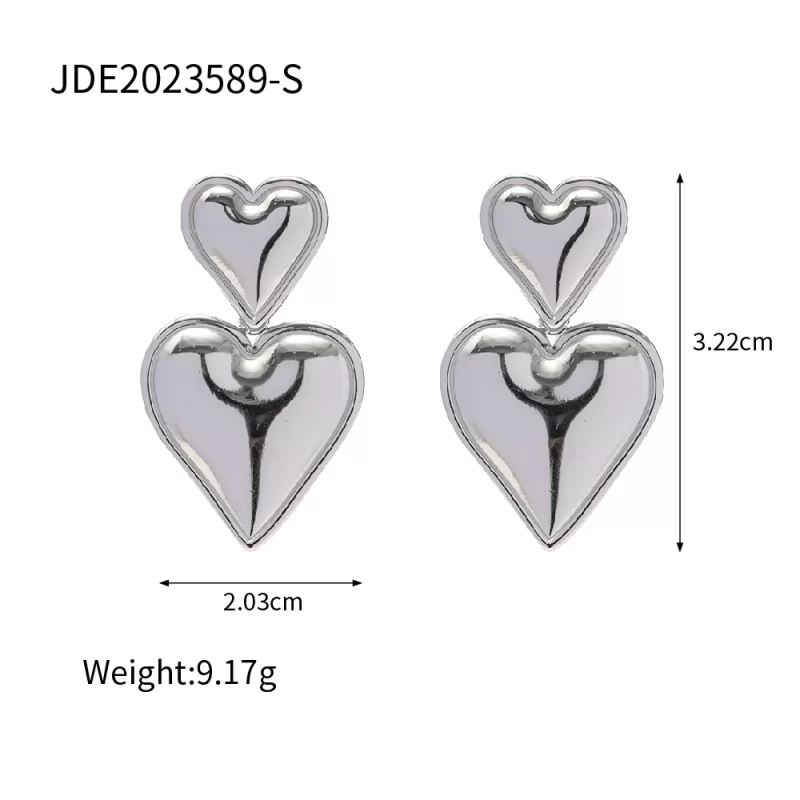 Stainless Steel Chunky Smooth Double Heart Drop Earrings - Image 4