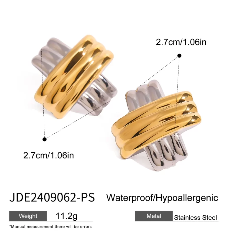 18k Gold-Silver Stainless Steel Ribbed Minimalist Stud Earrings Elegant Modern Style Fashion Earring - Image 4