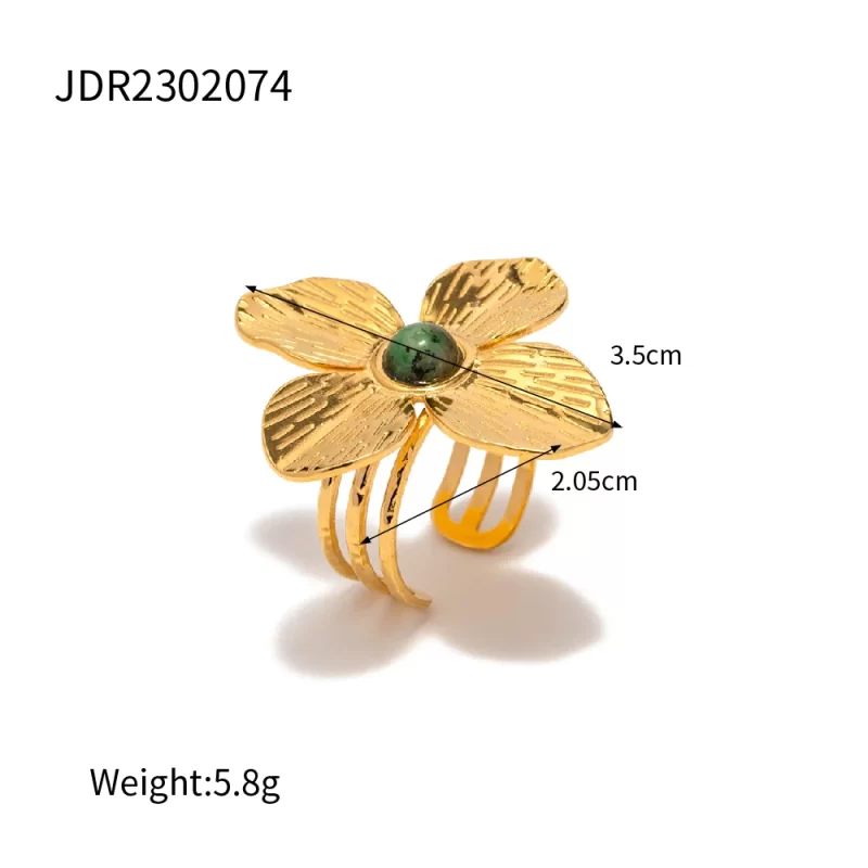 J&D Designer 18K Gold Plated Rings Stainless Steel Anti-Tarnish Charm Flower Turquoise Opening Rings - Image 4