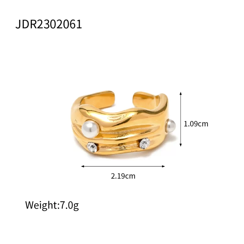 Geometric Pearl Zirconia Inlaid Opening Finger Rings 18k Gold Plated Stainless Steel Muti Layer Rings - Image 4