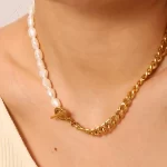 Casual Pearl Necklace OT Buckle Cuban Chain Necklace Stainless Steel Half Cuban Chain Half Freshwater Pearl Connected Necklace