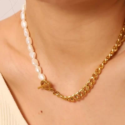 Casual Pearl Necklace OT Buckle Cuban Chain Necklace Stainless Steel Half Cuban Chain Half Freshwater Pearl Connected Necklace