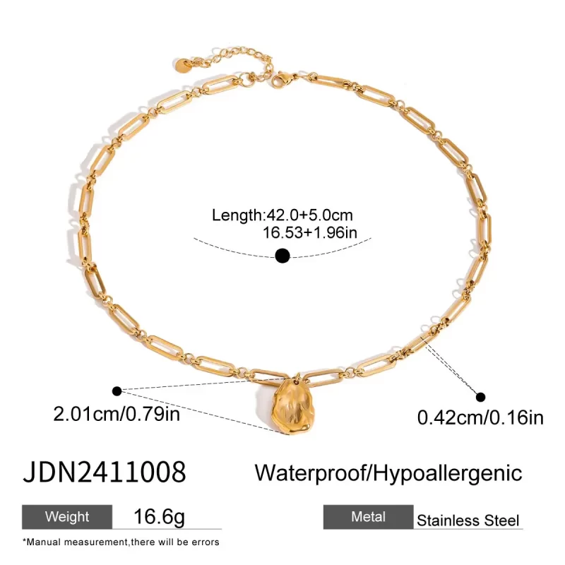 18k Gold Stainless Steel Simple Hammered Special Shaped Steel Bead Pendant Necklace 42+5cm - Image 6