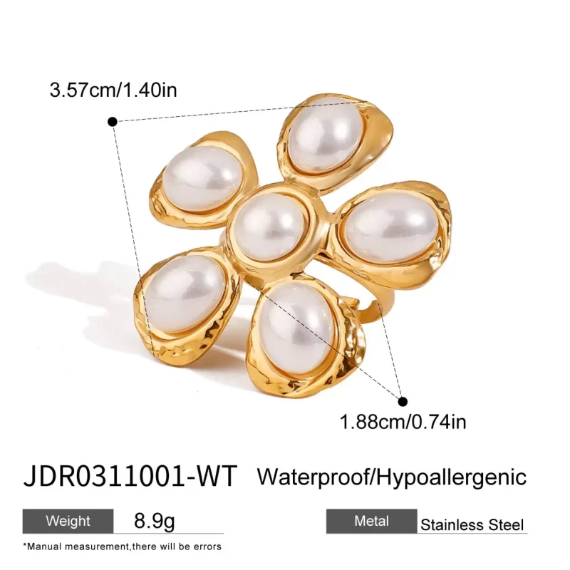 J&D 18K Gold Stainless Steel Sweet and Romantic High-End Imitation Shell Beads Hammer Pattern Flower Adjustable Ring - Image 5