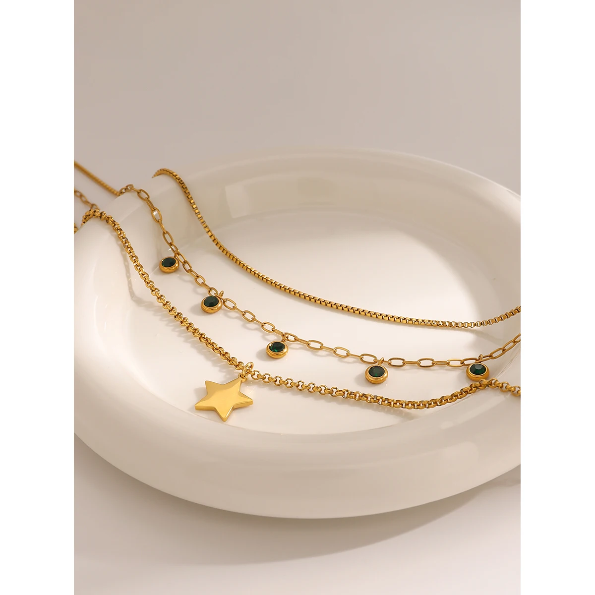 Youthway Vintage Green Rhinestone Star Pendant Three Layers Necklace For Women Statement Waterproof Jewelry Gold Plated Gift
