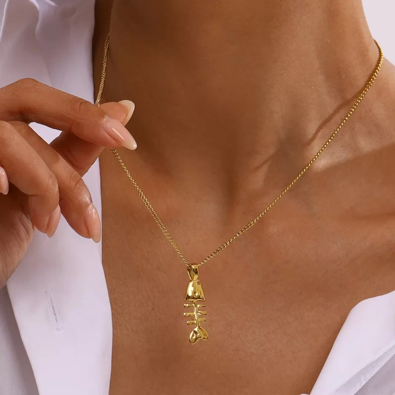 Youthway Versatile Minimally Designed 18K Gold PVD Plated Fish bone Pendant Necklace For Unisex Stainless Steel Jewelry Gift - Image 5