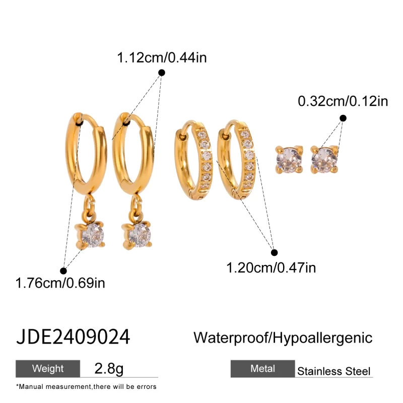 18k Gold Stainless Steel Zircon Hoop Earrings Set Three Pairs Classic Style - Image 6