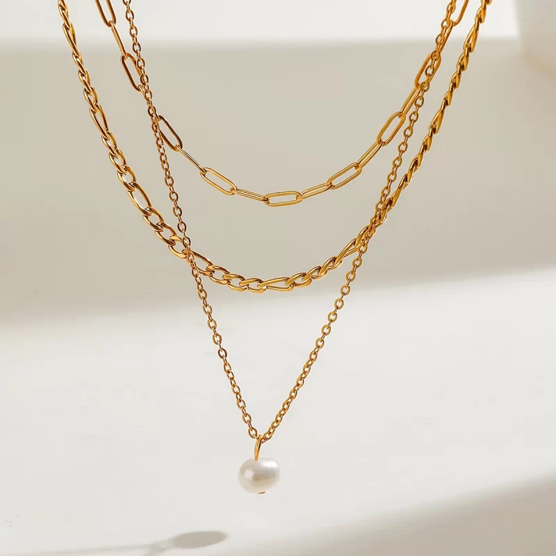 Youthway Natural Pearl Pendant Multi-Layers Necklace Stainless Steel Waterproof 18K PVD Plated Jewelry Accessories Gift - Image 3