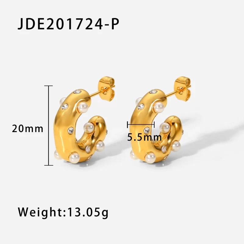 18k Gold Plated Stainless Steel Special-shaped Hammer Pearl Zircon CC Shaped Earrings - Image 6