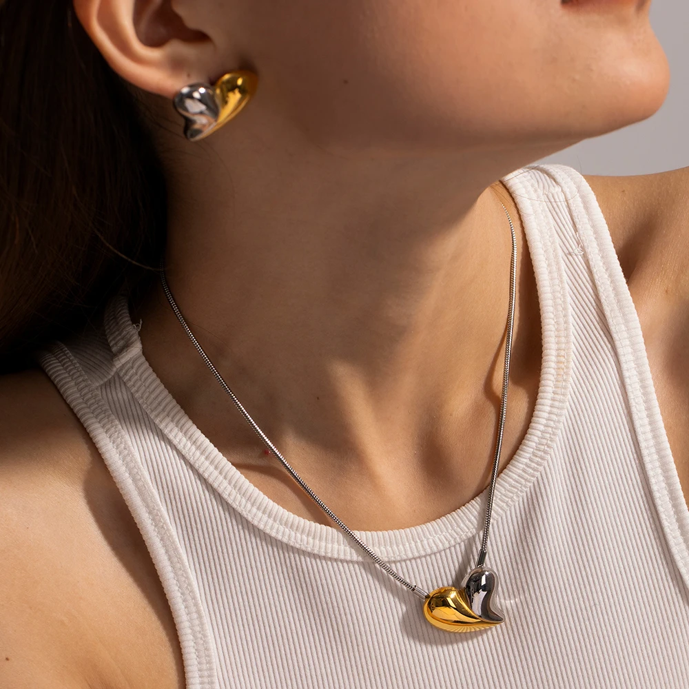 Youthway Minimalist Stainless Steel Heart Love Earrings Necklace for Women 18K PVD Plated Rust Proof Fashion Chic Jewelry