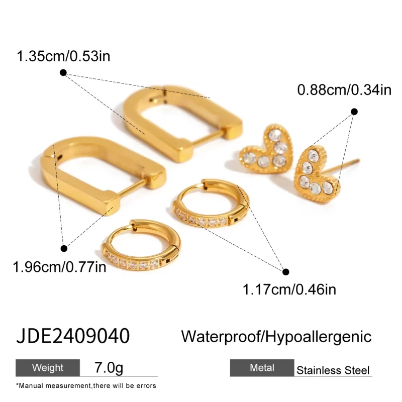 18k Gold Stainless Steel Jewelry White Heart Water Drill Ear Clips Elegant Jewelry Set of 3 Versatile Accessory - Image 5
