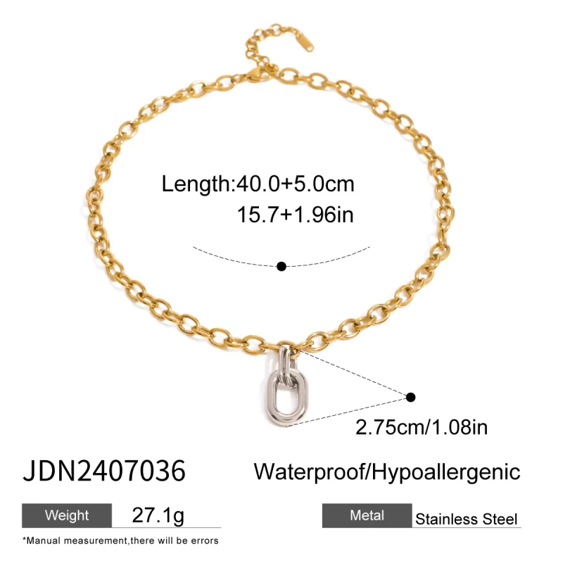 J&D 18k Gold Stainless Steel Gold and Silver Color Block Oval Polished Hollow Circle Necklaces - Image 7