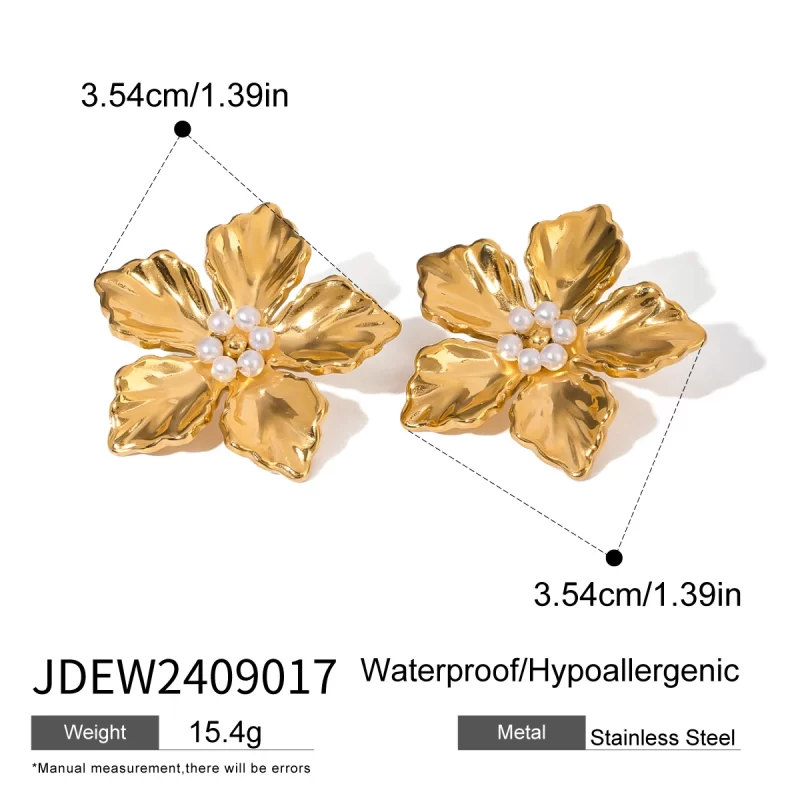 8k Gold Stainless Steel Faux Pearl Flower Earrings with Delicate Design Chic Everyday Wear Party Fashion Jewelry - Image 4
