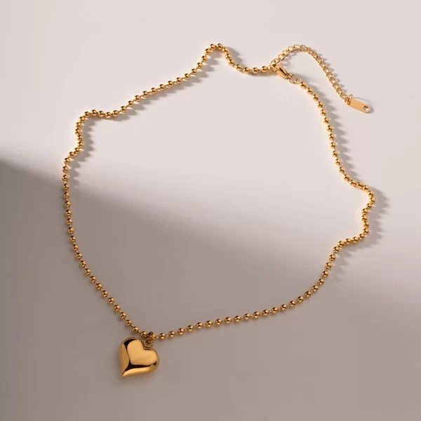 Youthway Waterproof Chubby Heart Bulky Pendant Small Bead Stainless Steel Necklace 18K Gold Plated Trendy Jewelry for Women