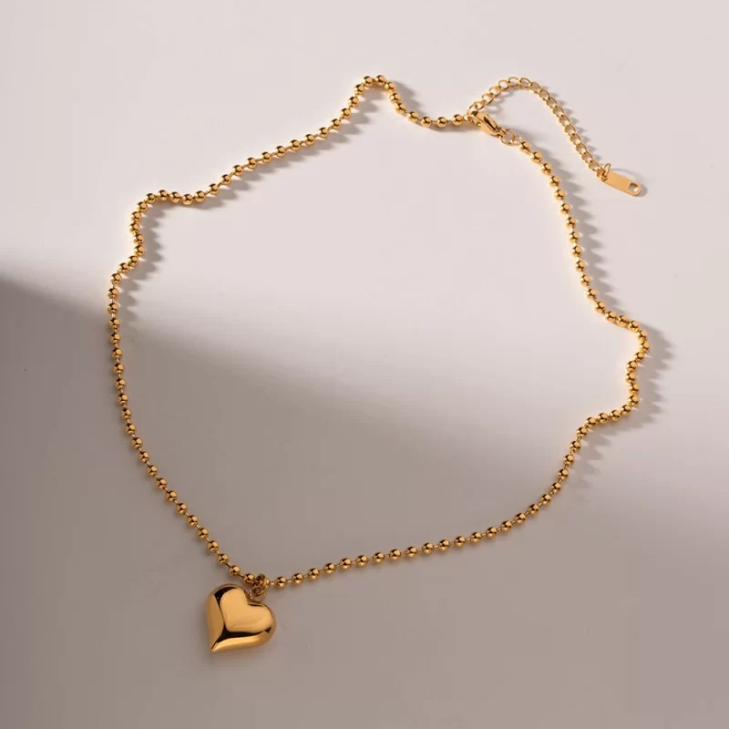 Youthway Waterproof Chubby Heart Bulky Pendant Small Bead Stainless Steel Necklace 18K Gold Plated Trendy Jewelry for Women