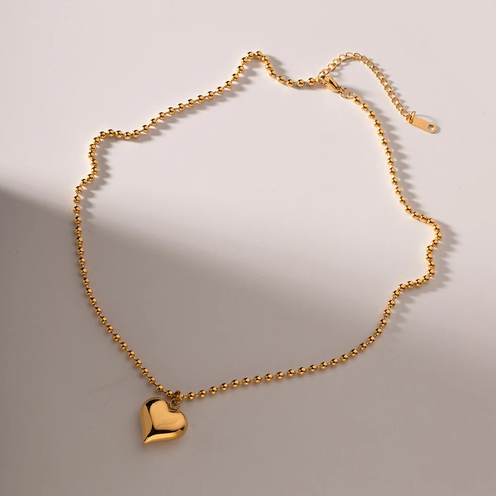 Youthway Waterproof Chubby Heart Bulky Pendant Small Bead Stainless Steel Necklace 18K Gold Plated Trendy Jewelry for Women