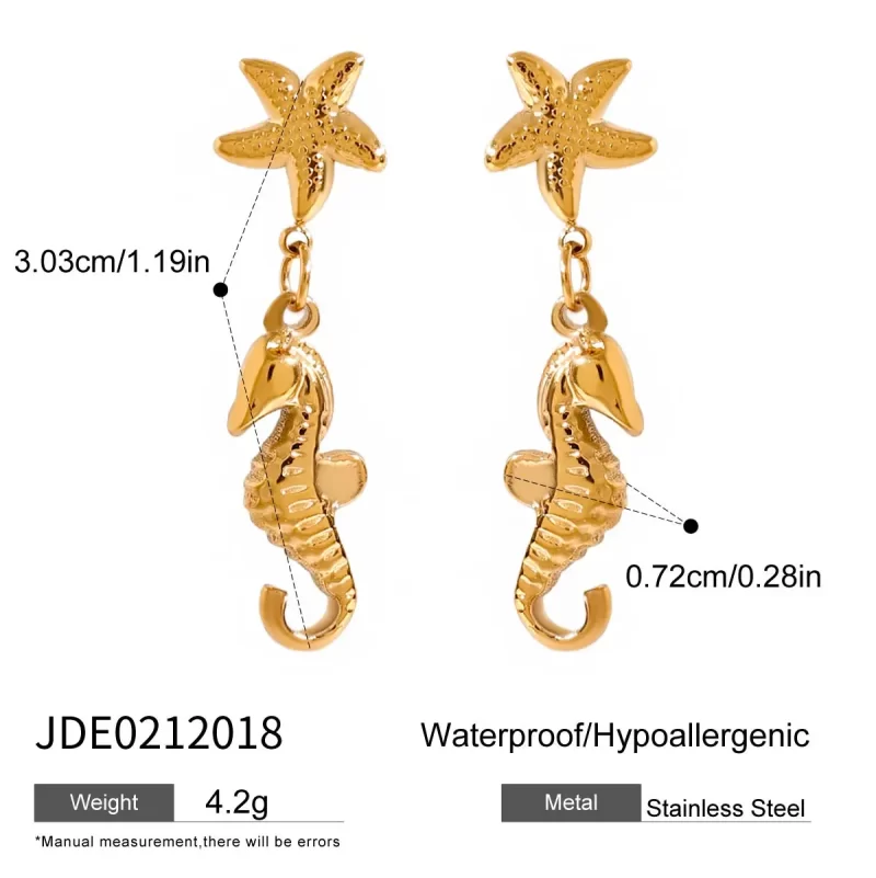 18K Gold Plated Stainless Steel Hoop Earrings Ocean Starfish Sea Horse Drop Geometric Holiday Beach Design - Image 6