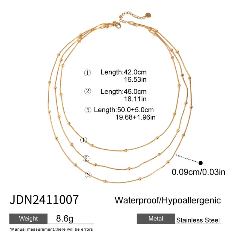 J&D Triple Layer Beaded Chain Necklace 18k Gold Plated Stainless Steel Simple Minimalist Modern Design - Image 6