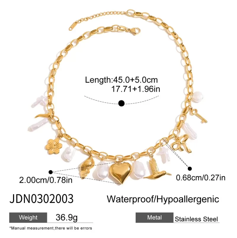 J&D Stainless Steel 18K PVD Gold Plating Ocean Red Pepper Imitation Pearl Butterfly Knot Love Peace Bird Flower Necklace - Image 6