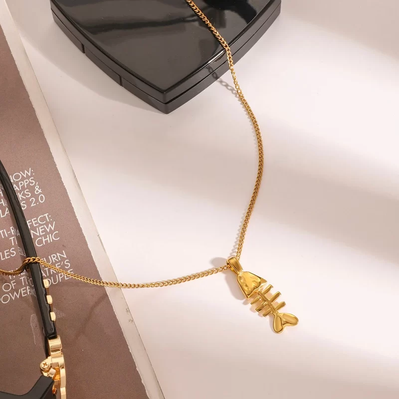Youthway Versatile Minimally Designed 18K Gold PVD Plated Fish bone Pendant Necklace For Unisex Stainless Steel Jewelry Gift - Image 4