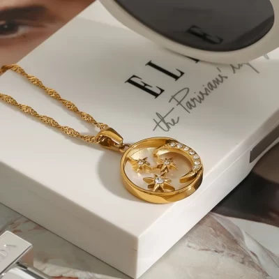 Youthway New Design 18K Gold Plated Stainless Steel Shell Star Moon White Zircon Circle Pendant Necklace Trendy Women Jewelry