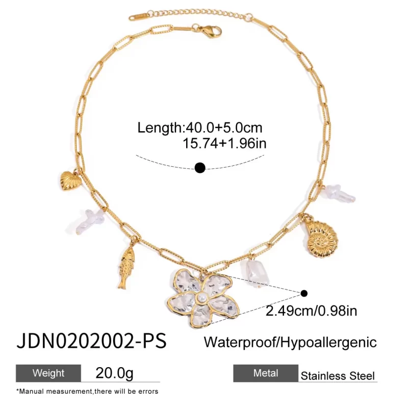 J&D Summer Ocean 18K Gold Necklace Stainless Steel Fish Conch Thread Heart Two Tone Flower Necklaces - Image 6