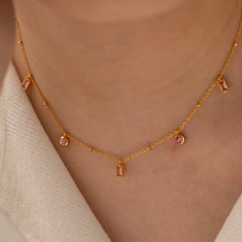 Youthway Orange Pink Round Small Pendant Necklace Bracelet Set 18K Gold Plate Waterproof Fashion Jewelry Set - Image 2