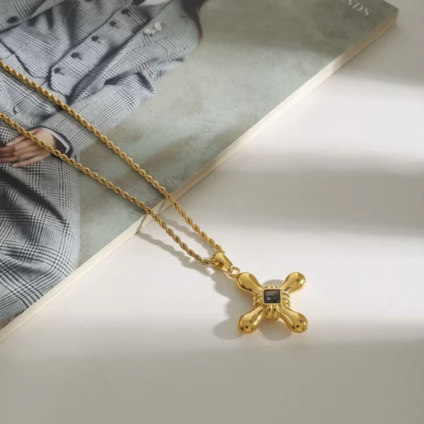 Youthway High Quality 18K Gold Plated Stainless Steel Dark Grey Rhinestone Smooth Cross Pendant Necklace Waterproof Jewelry New