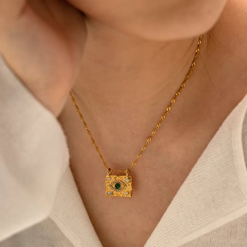 Youthway Luxury Cubic Zirconia Green Malachite Lava Square Devil's Eye Square Plaque Ring Necklace Set Charm Jewelry Set