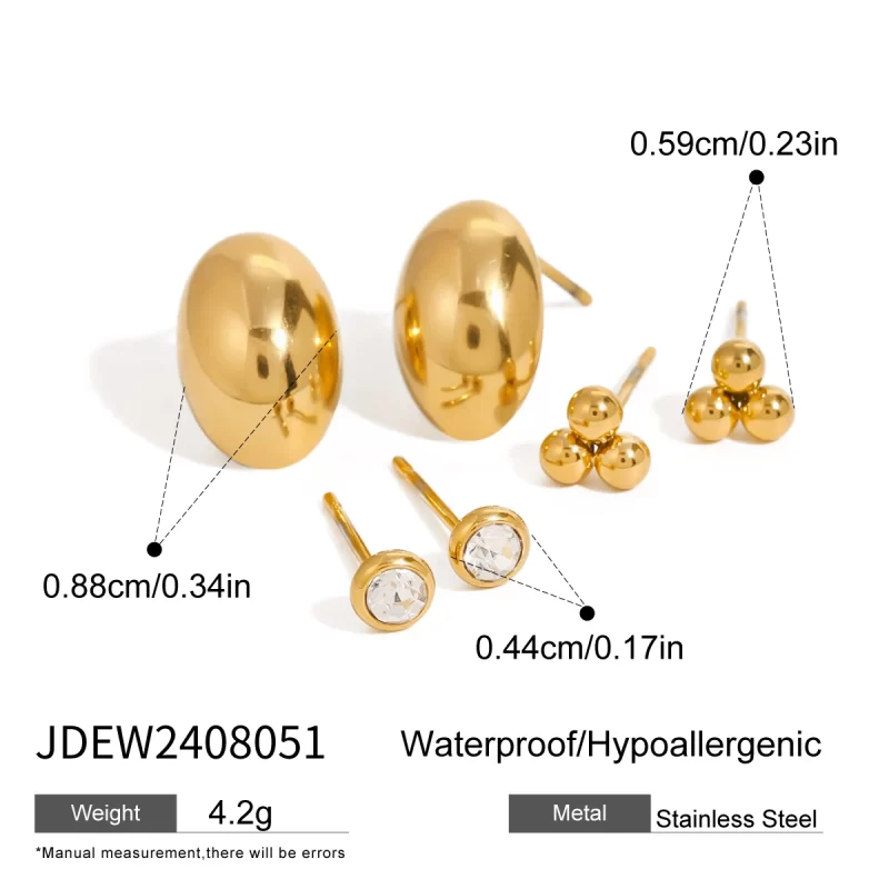 18k Gold Stainless Steel Jewelry White Zircon Hollow Oval and Steel Ball Ear Clips Set of 3 Fashion Jewelry - Image 6