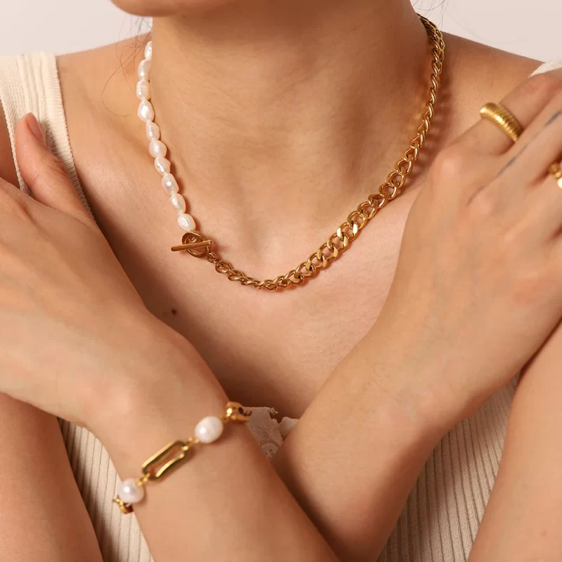 Casual Pearl Necklace OT Buckle Cuban Chain Necklace Stainless Steel Half Cuban Chain Half Freshwater Pearl Connected Necklace - Image 2