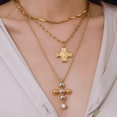 Youthway High Quality Minimalist 18K Gold Plated Stainless Gold&Silver Glass Pearl Cross Pendant Necklace Women Fashion Jewelry