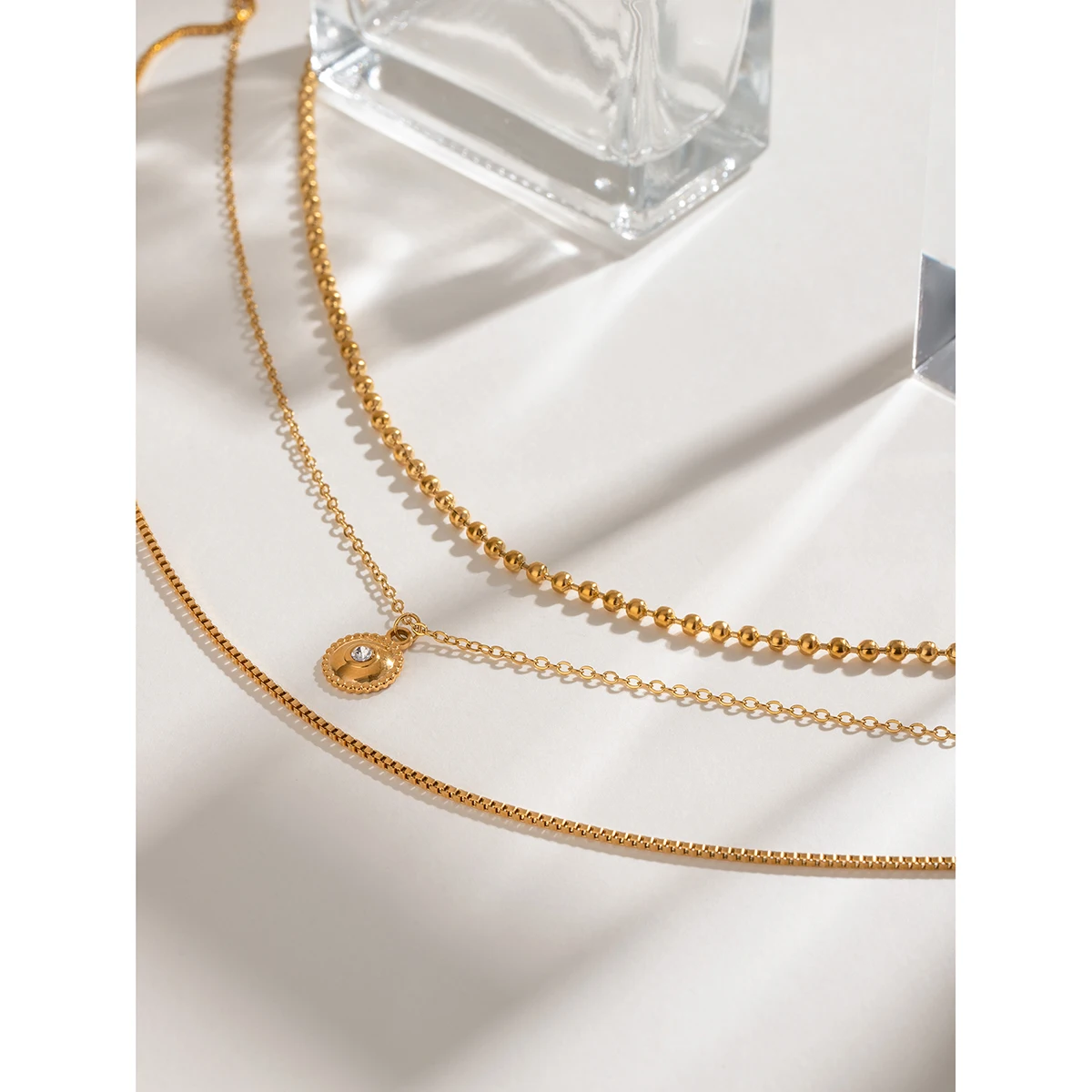 Youthway High Quality Statement 18K Gold Plated Stainless Steel White Zircon Circle Pendant Multi Layer Chain Necklace Foe Women