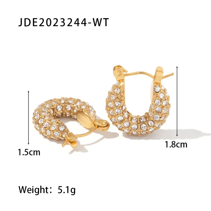 18k Gold Plated Stainless Steel Classic Hammered Shape Cubic Zirconia Hoop Earrings for Ladies - Image 6