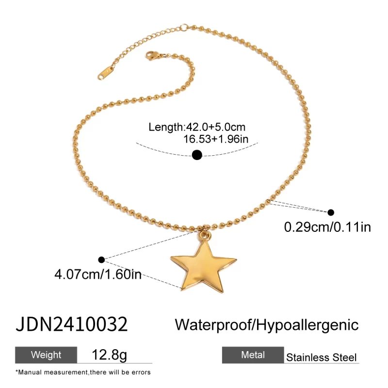 J&D Glossy Fashion Statement Jewelry 18K Gold Stainless Steel Five-Pointed Star Pendant Beaded Necklace - Image 5