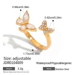 Sweet Romantic 18K Gold Stainless Steel Adjustable Butterfly Open Ring with White Zirconia & Diamonds for Women